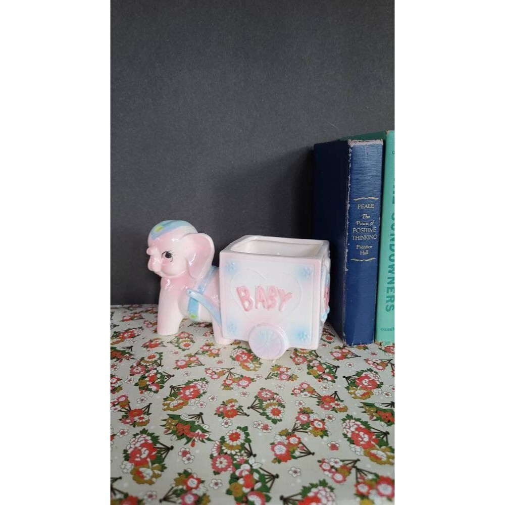 My-Neil Ceramic Planter, BABY GIRL Pink Elephant Pulling Block